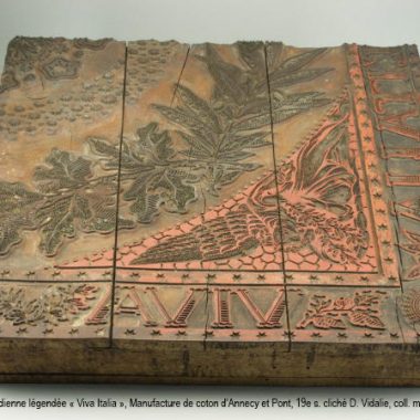 Planche pour indienne légendée « Viva Italia », Manufacture de coton d’Annecy et Pont, 19e siècle